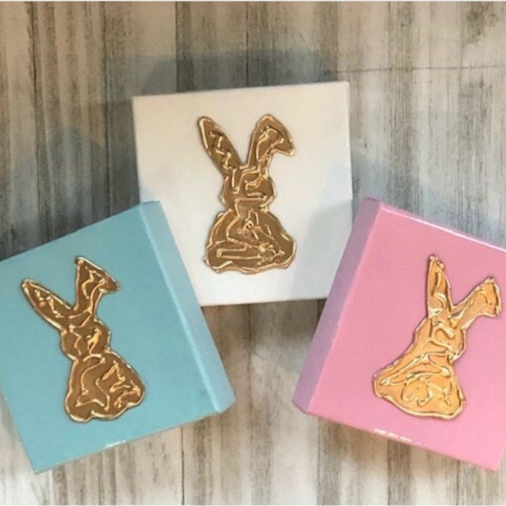 Gold Easter Bunny Painting, Hand Painted Pastel Canvas Art